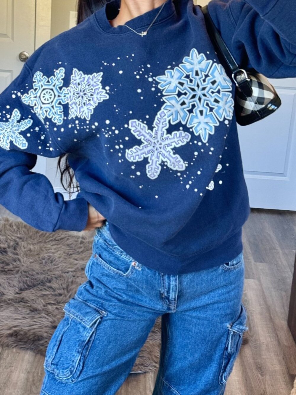 Vintage 90s Fruit of The Loom Navy Snowflake Crew Sweatshirt Large Xmas Holiday